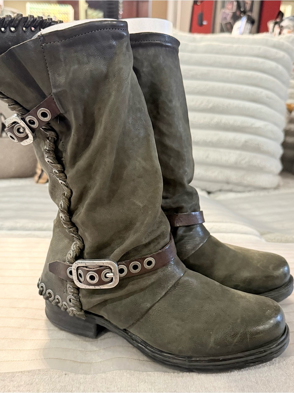 EUC - A.S. 98 Olive Green Buckle Accent Leather Mid-Calf Boots. Size 37.